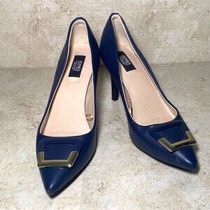 Jones New York Blue Pointed-Toe Pumps Gold Buckle Detail Casual Office Party